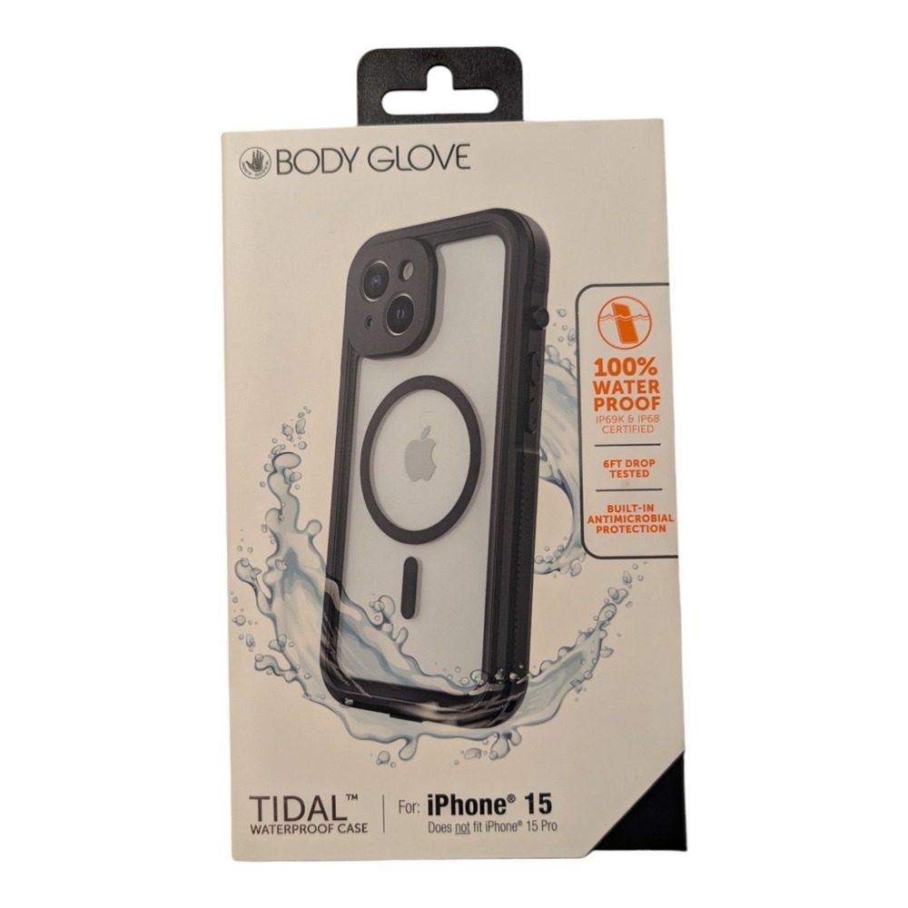 D7. Body Glove Tidal Waterproof MagSafe Case For Apple iPhone 15 - Black/Clear